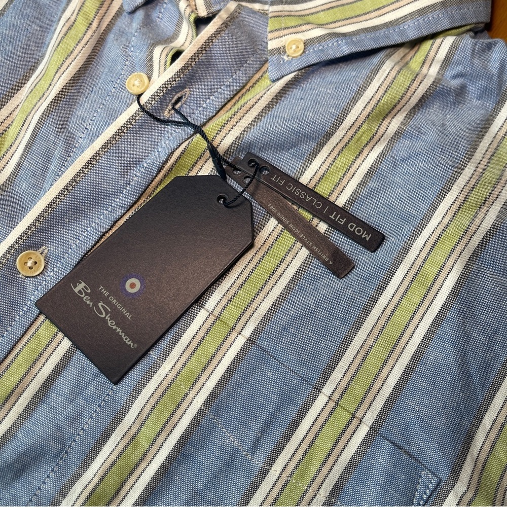 Ben Sherman Blue Green Striped Short Sleeve Button Down Shirt XL Stretch NWT - Picture 3 of 10